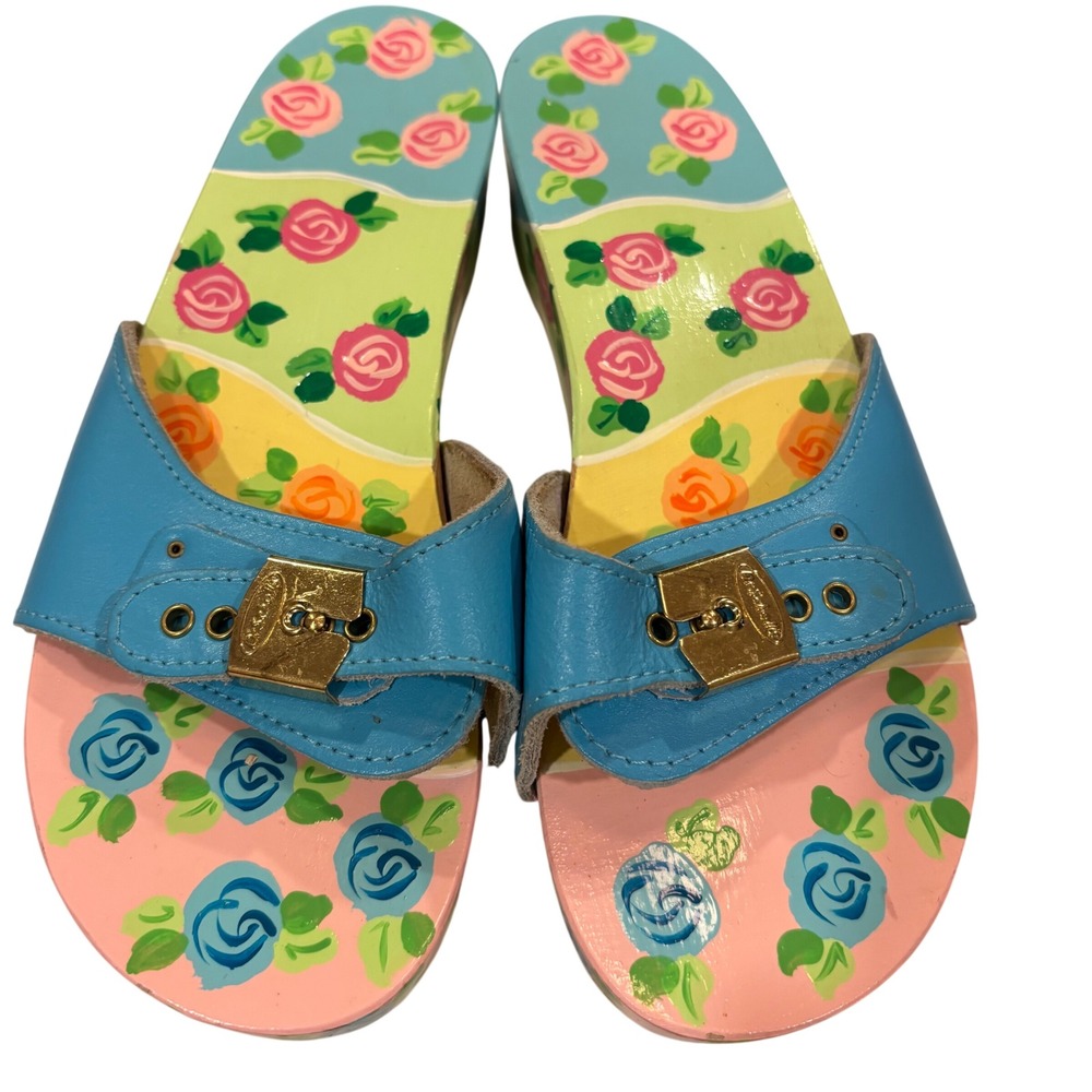 Dr Scholls Vintage Hand Painted Floral Wooden Slide Sandals Blue Leather Buckle
